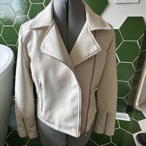 Cream leather look moto jacket from Francesca’s.
